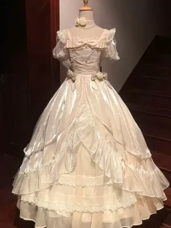 Sweet Lolita Dress Flowy Short Lace Sleeves Fairytale Casual Bows Ruffles Tulle White