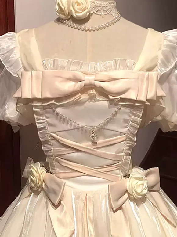 Sweet Lolita Dress Flowy Short Lace Sleeves Fairytale Casual Bows Ruffles Tulle White