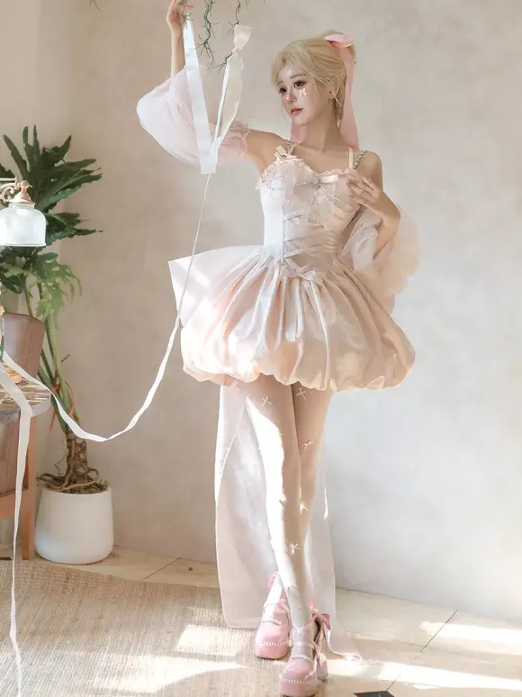 Sweet Lolita Dress Jacquard Bows Jumper Skirt Pink Detachable Sleeves Bloom Silhouette With Train Lolita Dress