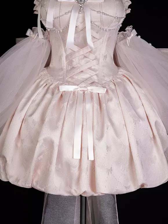 Sweet Lolita Dress Jacquard Bows Jumper Skirt Pink Detachable Sleeves Bloom Silhouette With Train Lolita Dress
