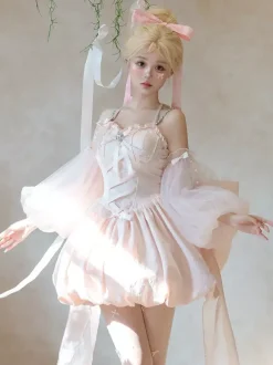 Sweet Lolita Dress Jacquard Bows Jumper Skirt Pink Detachable Sleeves Bloom Silhouette With Train Lolita Dress
