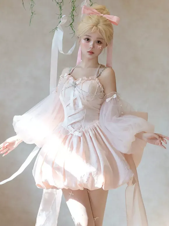 Sweet Lolita Dress Jacquard Bows Jumper Skirt Pink Detachable Sleeves Bloom Silhouette With Train Lolita Dress