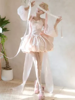 Sweet Lolita Dress Jacquard Bows Jumper Skirt Pink Detachable Sleeves Bloom Silhouette With Train Lolita Dress