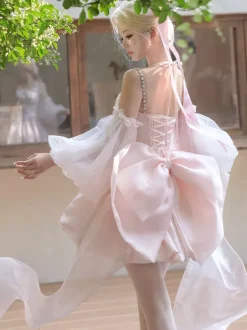 Sweet Lolita Dress Jacquard Bows Jumper Skirt Pink Detachable Sleeves Bloom Silhouette With Train Lolita Dress