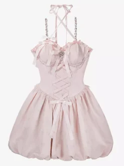 Sweet Lolita Dress Jacquard Bows Jumper Skirt Pink Detachable Sleeves Bloom Silhouette With Train Lolita Dress