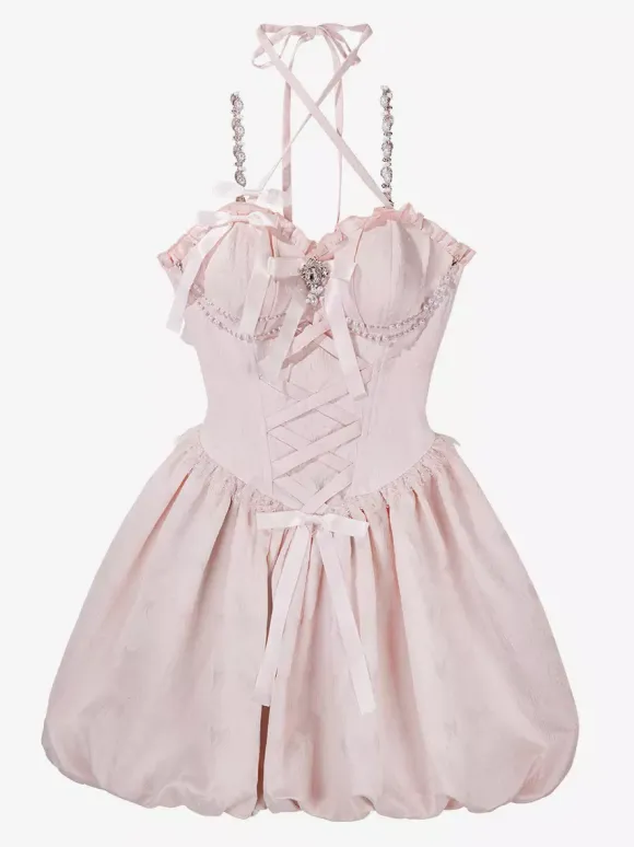 Sweet Lolita Dress Jacquard Bows Jumper Skirt Pink Detachable Sleeves Bloom Silhouette With Train Lolita Dress