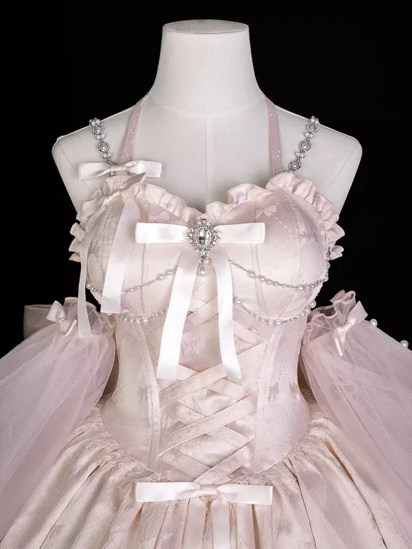 Sweet Lolita Dress Jacquard Bows Jumper Skirt Pink Detachable Sleeves Bloom Silhouette With Train Lolita Dress