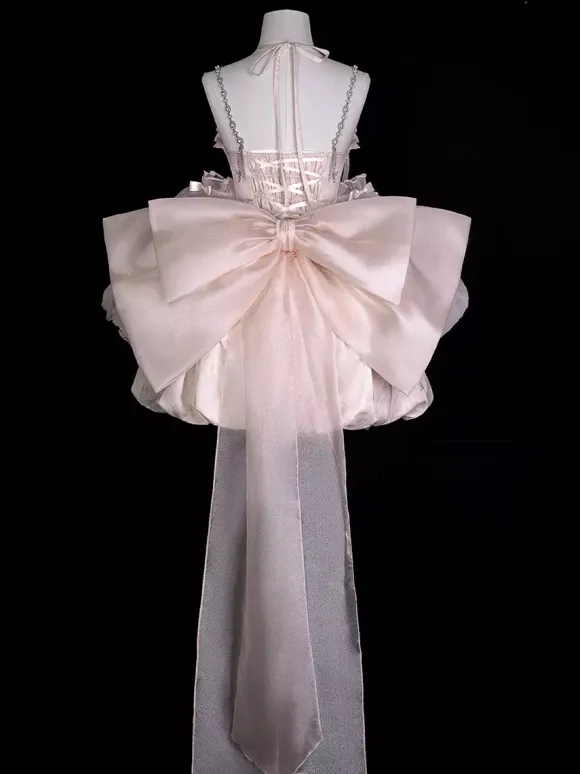 Sweet Lolita Dress Jacquard Bows Jumper Skirt Pink Detachable Sleeves Bloom Silhouette With Train Lolita Dress