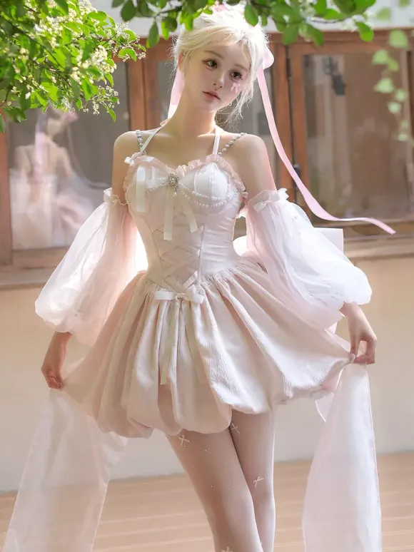 Sweet Lolita Dress Jacquard Bows Jumper Skirt Pink Detachable Sleeves Bloom Silhouette With Train Lolita Dress