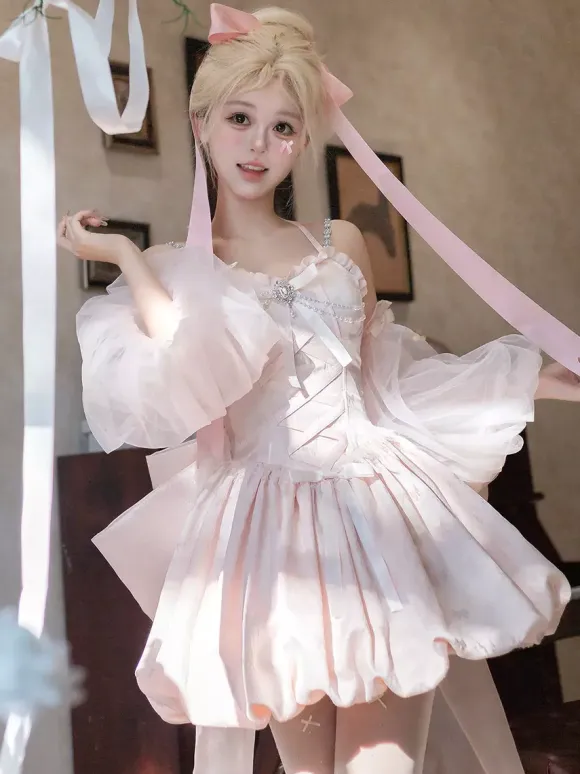 Sweet Lolita Dress Jacquard Bows Jumper Skirt Pink Detachable Sleeves Bloom Silhouette With Train Lolita Dress