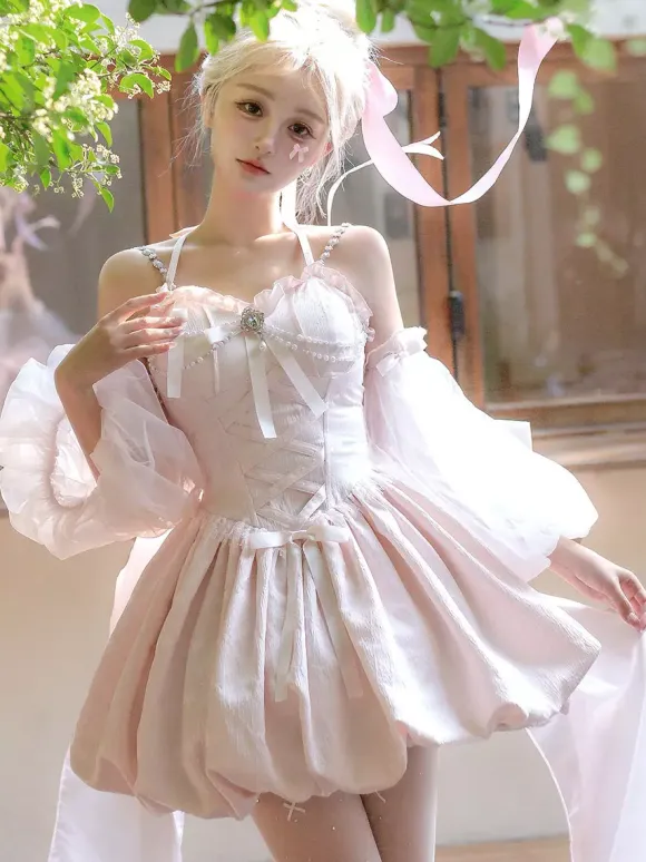 Sweet Lolita Dress Jacquard Bows Jumper Skirt Pink Detachable Sleeves Bloom Silhouette With Train Lolita Dress