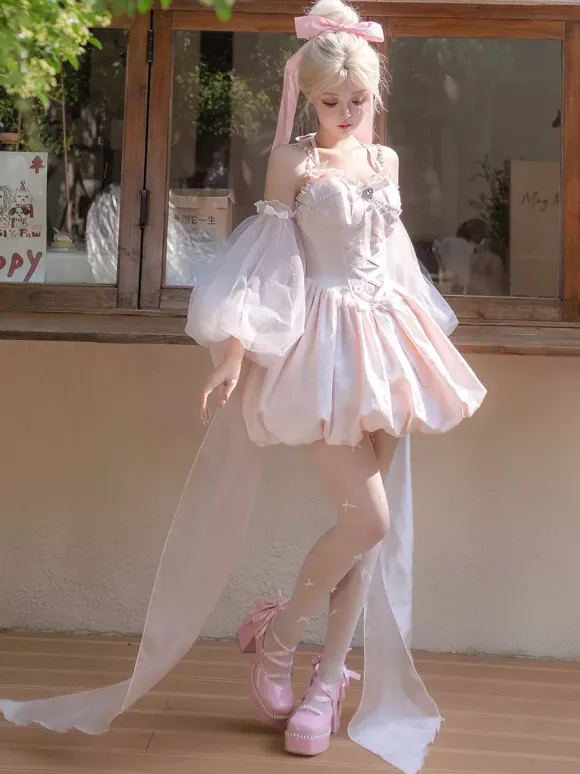 Sweet Lolita Dress Jacquard Bows Jumper Skirt Pink Detachable Sleeves Bloom Silhouette With Train Lolita Dress