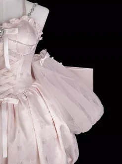 Sweet Lolita Dress Jacquard Bows Jumper Skirt Pink Detachable Sleeves Bloom Silhouette With Train Lolita Dress