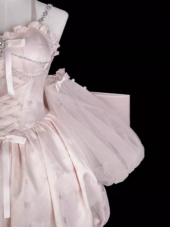 Sweet Lolita Dress Jacquard Bows Jumper Skirt Pink Detachable Sleeves Bloom Silhouette With Train Lolita Dress