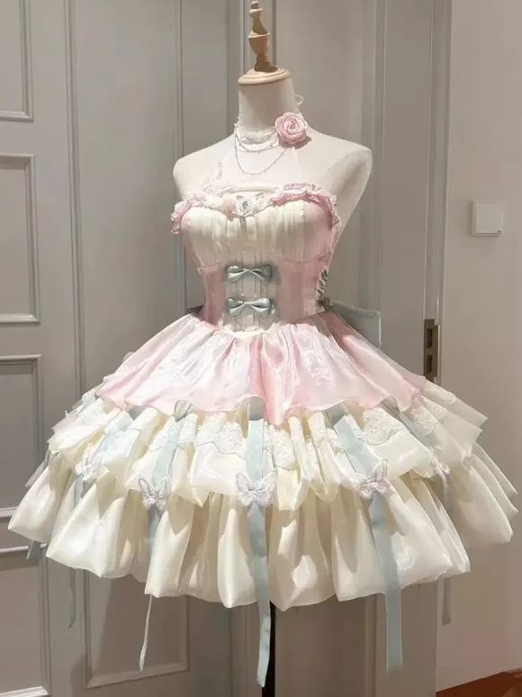 Sweet Lolita Dress Light Sky Blue Sleeveless Tea Party Dress with Bows and Train Polyester Kawaii Fashion