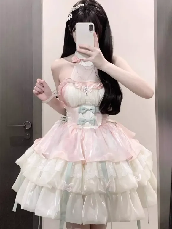 Sweet Lolita Dress Light Sky Blue Sleeveless Tea Party Dress with Bows and Train Polyester Kawaii Fashion
