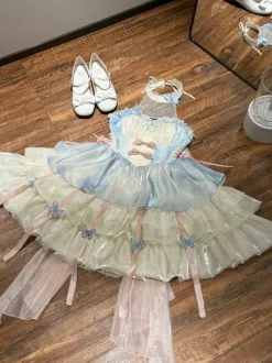 Sweet Lolita Dress Light Sky Blue Sleeveless Tea Party Dress with Bows and Train Polyester Kawaii Fashion