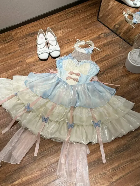 Sweet Lolita Dress Light Sky Blue Sleeveless Tea Party Dress with Bows and Train Polyester Kawaii Fashion