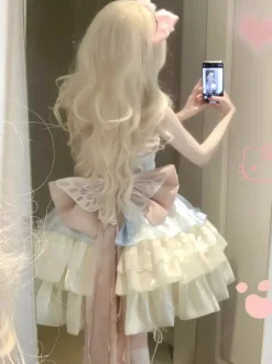 Sweet Lolita Dress Light Sky Blue Sleeveless Tea Party Dress with Bows and Train Polyester Kawaii Fashion