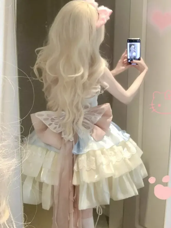 Sweet Lolita Dress Light Sky Blue Sleeveless Tea Party Dress with Bows and Train Polyester Kawaii Fashion