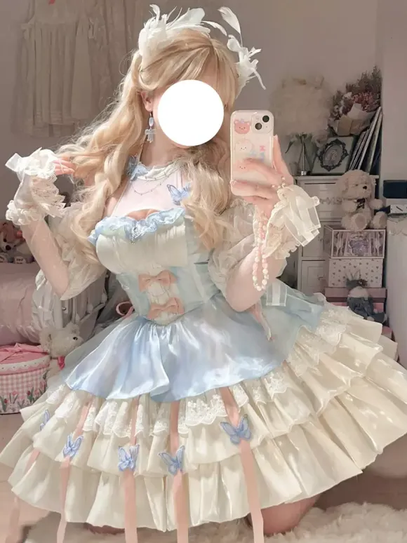 Sweet Lolita Dress Light Sky Blue Sleeveless Tea Party Dress with Bows and Train Polyester Kawaii Fashion