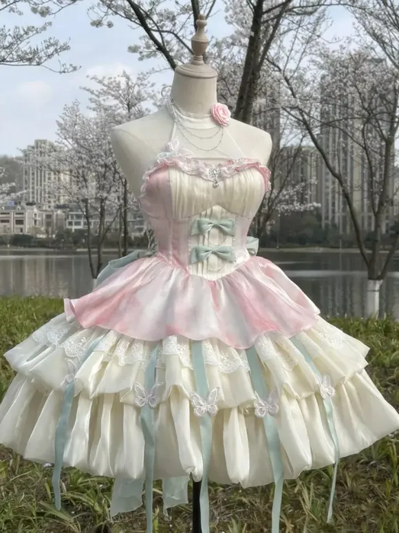 Sweet Lolita Dress Light Sky Blue Sleeveless Tea Party Dress with Bows and Train Polyester Kawaii Fashion