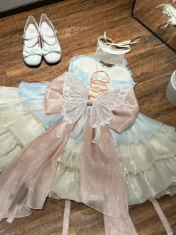 Sweet Lolita Dress Light Sky Blue Sleeveless Tea Party Dress with Bows and Train Polyester Kawaii Fashion