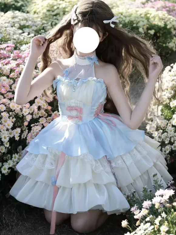 Sweet Lolita Dress Light Sky Blue Sleeveless Tea Party Dress with Bows and Train Polyester Kawaii Fashion