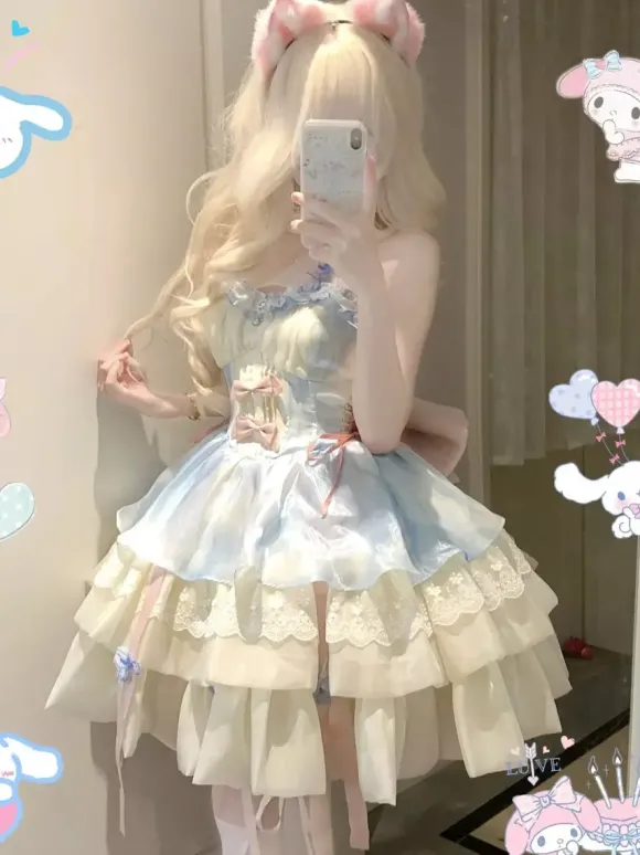 Sweet Lolita Dress Light Sky Blue Sleeveless Tea Party Dress with Bows and Train Polyester Kawaii Fashion
