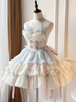 Sweet Lolita Dress Light Sky Blue Sleeveless Tea Party Dress with Bows and Train Polyester Kawaii Fashion
