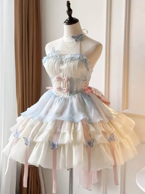 Sweet Lolita Dress Light Sky Blue Sleeveless Tea Party Dress with Bows and Train Polyester Kawaii Fashion