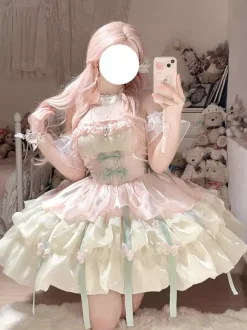 Sweet Lolita Dress Light Sky Blue Sleeveless Tea Party Dress with Bows and Train Polyester Kawaii Fashion