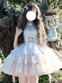 Sweet Lolita Dress Light Sky Blue Sleeveless Tea Party Dress with Bows and Train Polyester Kawaii Fashion