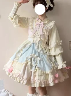 Sweet Lolita Dress Long Sleeves Ruffles Bows Pink Blue Lolita Dress