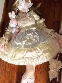 Sweet Lolita Dress Long Sleeves Ruffles Bows Pink Blue Lolita Dress