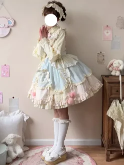 Sweet Lolita Dress Long Sleeves Ruffles Bows Pink Blue Lolita Dress