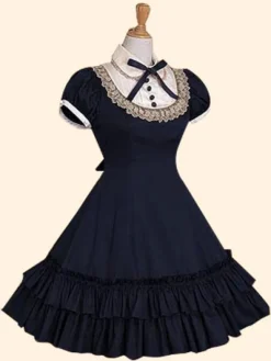 Sweet Lolita Dress OP Burgundy Stand Collar Short Sleeve Lolita One Piece Dress