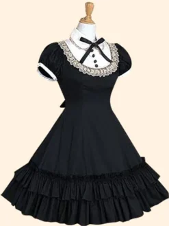 Sweet Lolita Dress OP Burgundy Stand Collar Short Sleeve Lolita One Piece Dress