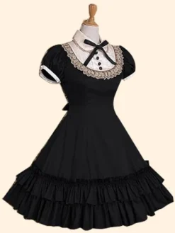 Sweet Lolita Dress OP Burgundy Stand Collar Short Sleeve Lolita One Piece Dress