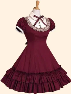 Sweet Lolita Dress OP Burgundy Stand Collar Short Sleeve Lolita One Piece Dress
