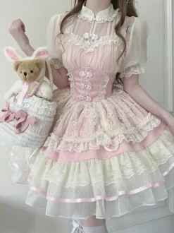 Sweet Lolita Dress OP Pleated Sleeveless Polyester Sweet Pink Hime Lolita Dress