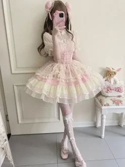 Sweet Lolita Dress OP Pleated Sleeveless Polyester Sweet Pink Hime Lolita Dress