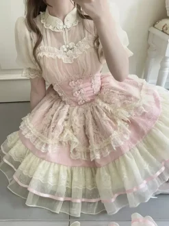 Sweet Lolita Dress OP Pleated Sleeveless Polyester Sweet Pink Hime Lolita Dress