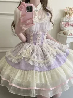 Sweet Lolita Dress OP Pleated Sleeveless Polyester Sweet Pink Hime Lolita Dress