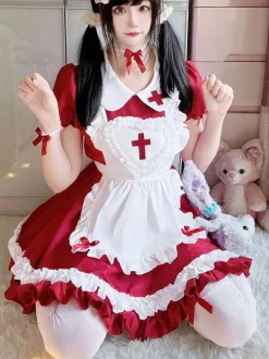 Sweet Lolita Dress Polyester Short Sleeves Ruffles Sweet Christmas Lolita Dress