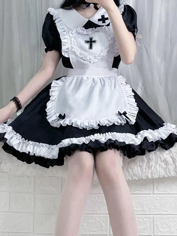 Sweet Lolita Dress Polyester Short Sleeves Ruffles Sweet Christmas Lolita Dress