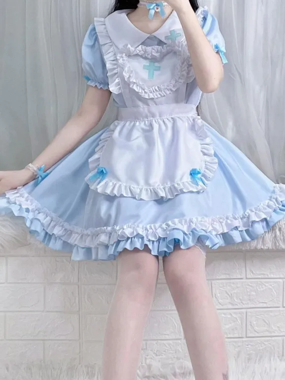 Sweet Lolita Dress Polyester Short Sleeves Ruffles Sweet Christmas Lolita Dress