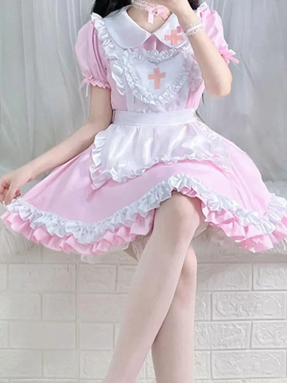 Sweet Lolita Dress Polyester Short Sleeves Ruffles Sweet Christmas Lolita Dress