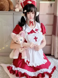 Sweet Lolita Dress Polyester Short Sleeves Ruffles Sweet Christmas Lolita Dress