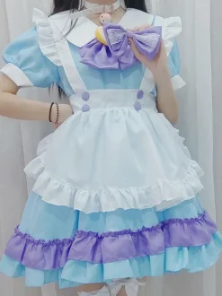 Sweet Lolita Dress Polyester Short Sleeves Ruffles Maid Outfit Dress